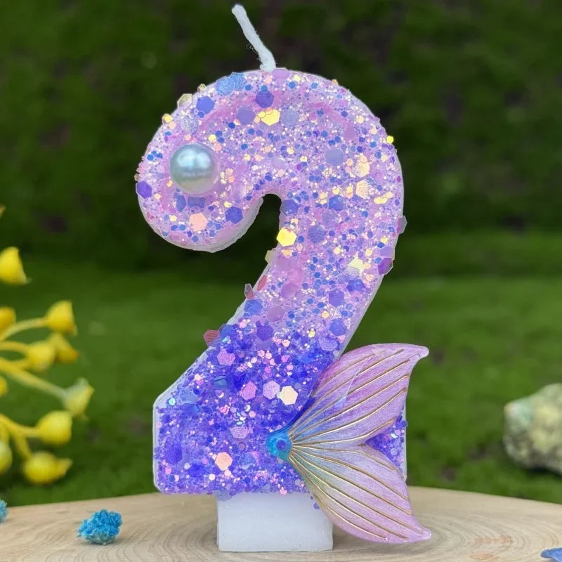 Purple Mermaid Tail Glitter 0-9 Number Candle Birthday Party Candle for Girls Cake Decoration