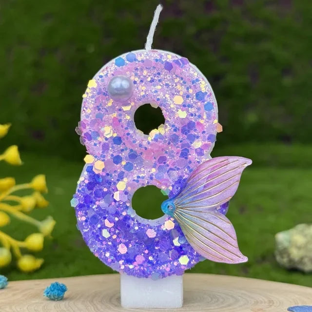 Purple Mermaid Tail Glitter 0-9 Number Candle Birthday Party Candle for Girls Cake Decoration