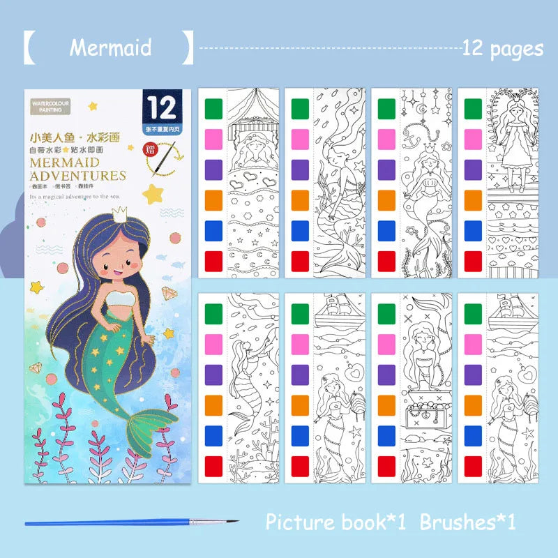 Portable Watercolor Painting Book 12 Sheets Coloring Book With Paint Brush Gouache Book Kids Graffiti Picture Drawing Stationery