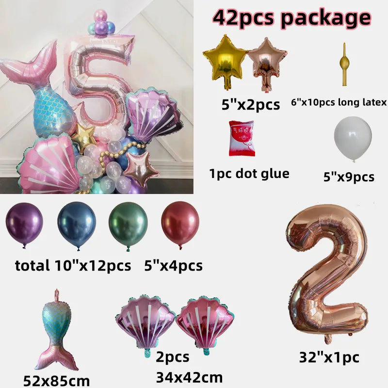 Little Mermaid Theme Party 1-9 Number Foil Balloon Set with Mermaid Tail Balloons Kids Birthday Party Decoration Supplies