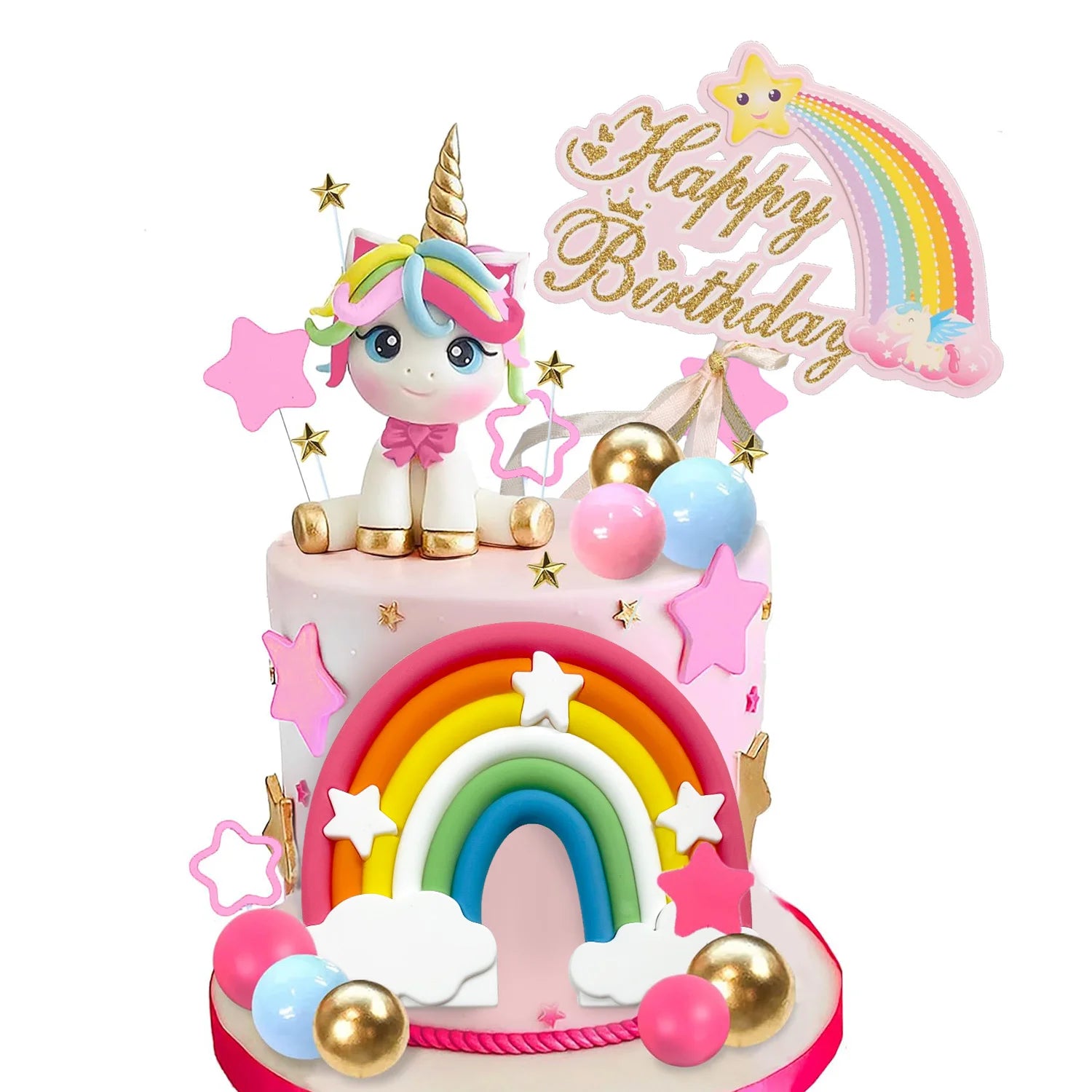 Unicorn Cake Topper Rainbow Cake Decorations with Stars Unicorn Balls Happy Birthday Cake Decorations for Ages Baby Shower