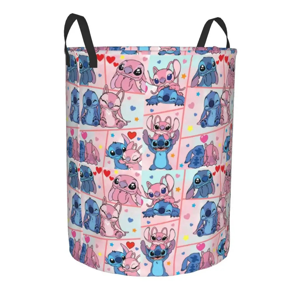 Custom Stitch Kiss Angel Love Heart Anime Laundry Hamper Large Clothes Storage Basket Toy Bin Organizer for Boy Girl