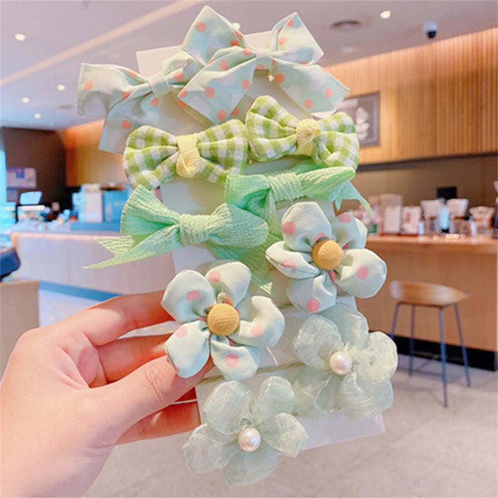 10pcs Cute Flower Hair Ties Set Kids High Elastic Mixed Cloth Plaid Bow Charms Hair Loop For Toddler Girls Princess Headwear