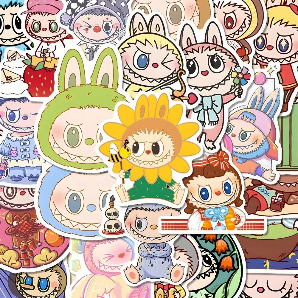 80Pcs 2024 New Labubu Monster Cartoon Waterproof Stickers Pack Cute Water Bottle Laptop Skateboard Scrapbook Anime Accessories