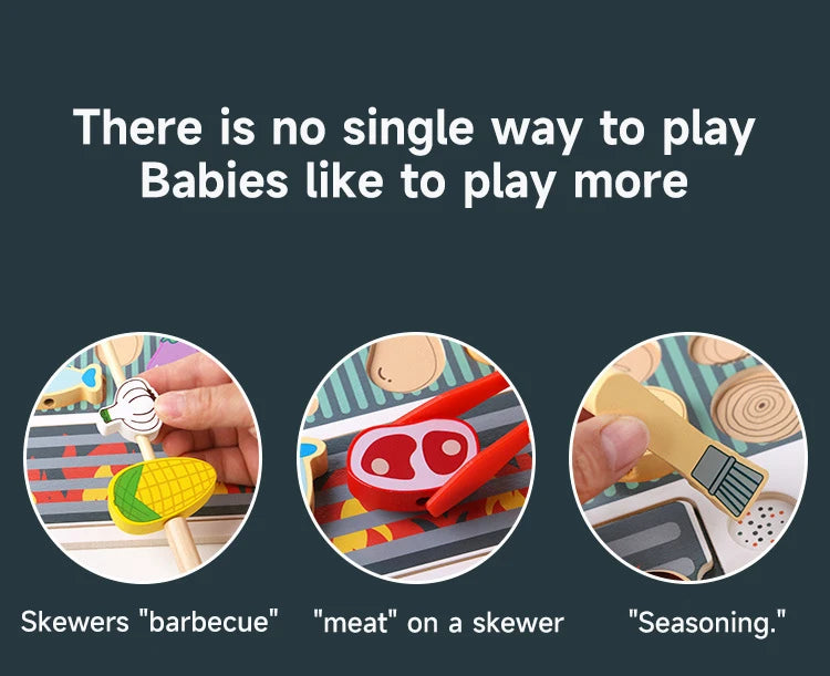 Children Wooden Barbecue Toys Kids Wooden Simulation Food Barbecue Cooking Kitchen Toys Parent-Child Interaction Play House Toys