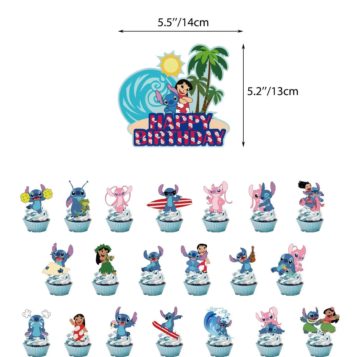 Lilo & Stitch Glitter Cake Topper Happy Birthday Decorations for Kids Boy Girl Baby Shower Cupcake Dessert Decor Supplies