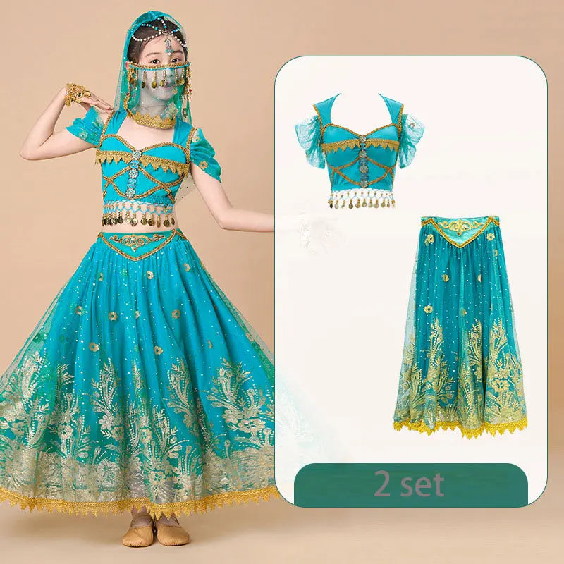  Kids India Princess Belly Dance Set Oriental Indian Dance Sari Girl Performance Costume Bollywood Children Stage Outfit