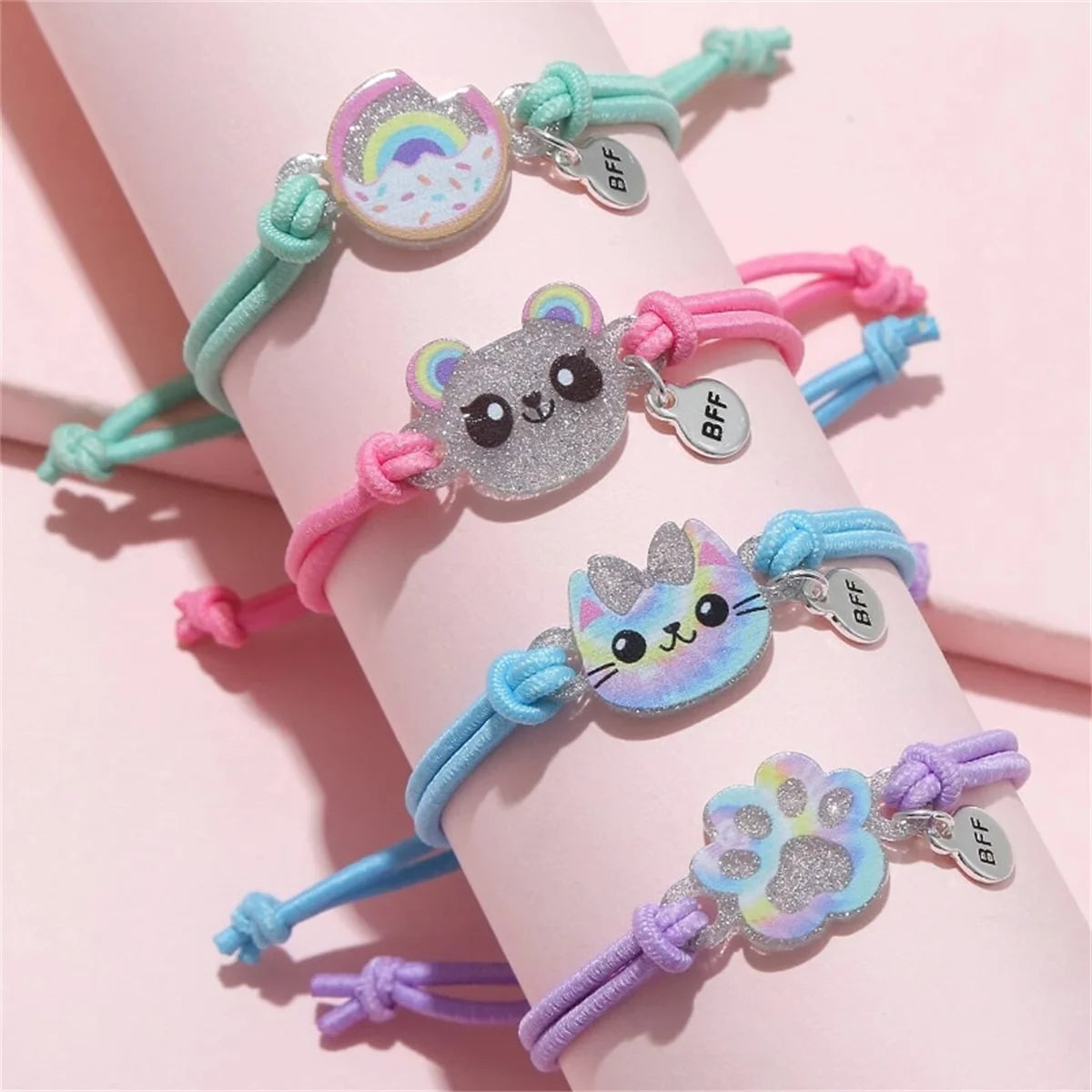 4pcs Kids Elastic Hair Rope Bracelets Set Cute Kitten Bear Donut Design BFF Good Friends Elastic Cord for Children