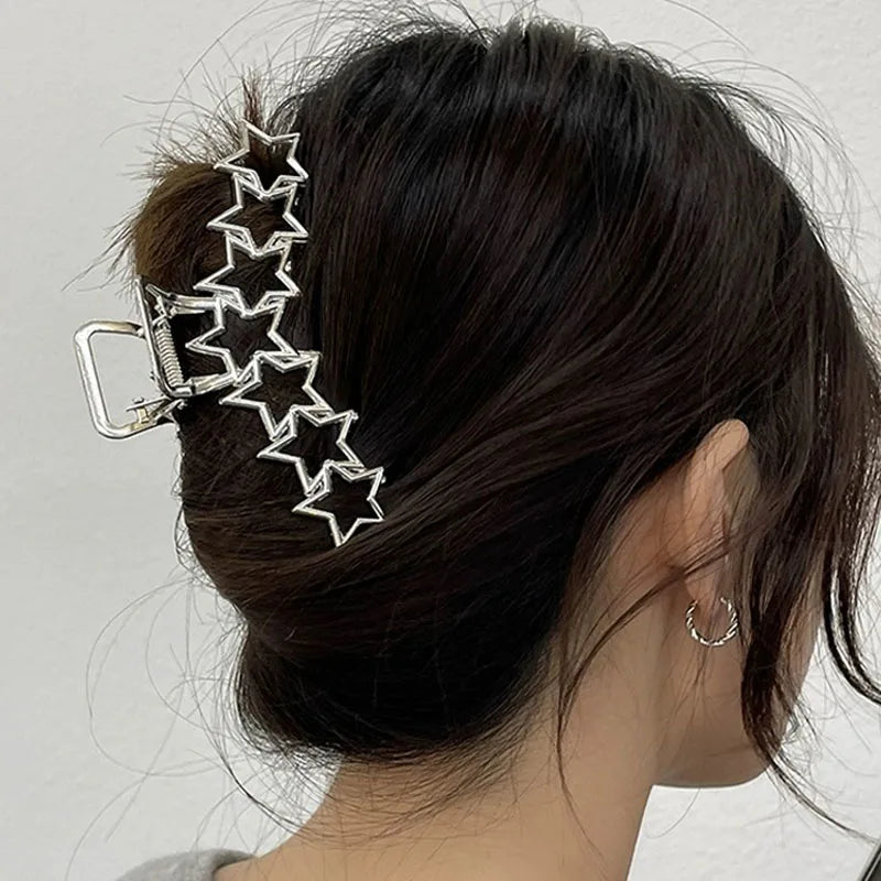 Hollow Star Hair Claws for Women Y2K Sweet Silver Pentagram Heart Cool Girls Charm Trend Hair Clip Aesthetics Hair Accessories