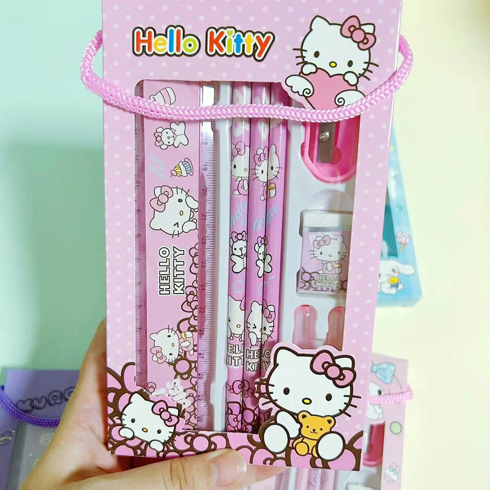 Sanrio Hellokitty Cinnamoroll Melody Kuromi Stationery Set Pencils Erasers Rulers Cartoon School Supplies Study Stationery Gifts