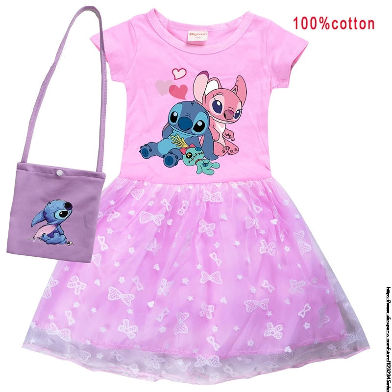 Hot Lilo And Stitch Girls Children Spring Summer Tutu Stitch Dress +Bag Kids Princess Girls Birthday Party Dress Costume