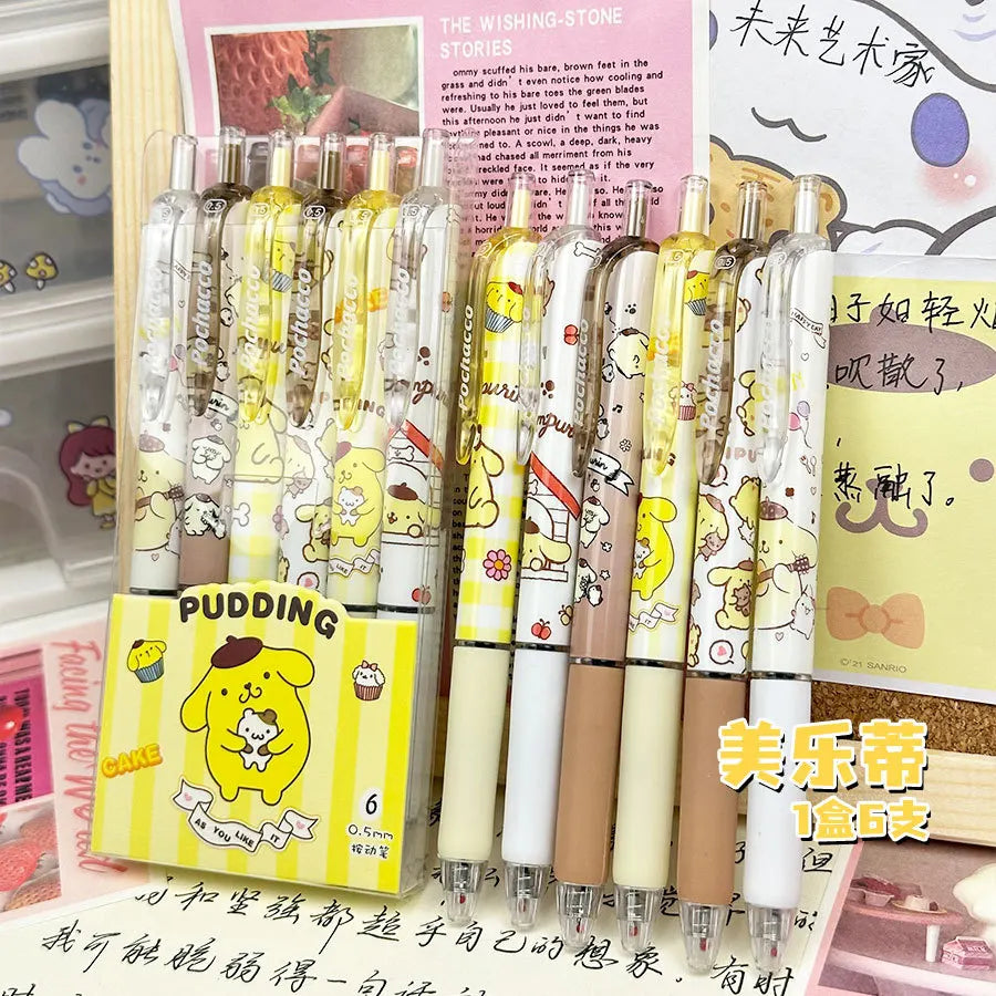 Sanrio 6pcs Series Gel Pen 0.55mm Refill Hello Kitty Y2k Cinnamoroll Kuromi MelodyCartoon Press Pen Black Stationery Supplies