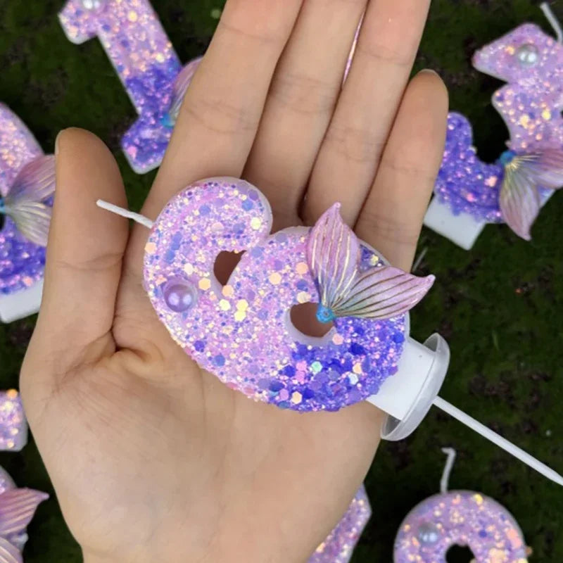 Purple Mermaid Tail Glitter 0-9 Number Candle Birthday Party Candle for Girls Cake Decoration