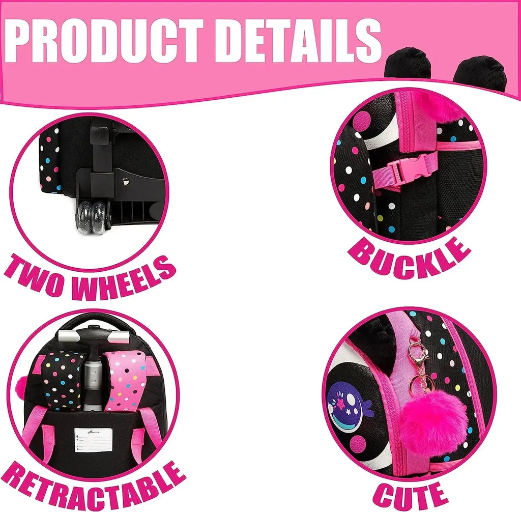 3PCS Cute Rolling Backpack for Girls Backpacks with Wheels for Elementary Students Kids 3 in 1 Travel Luggage Carry on Suitcase