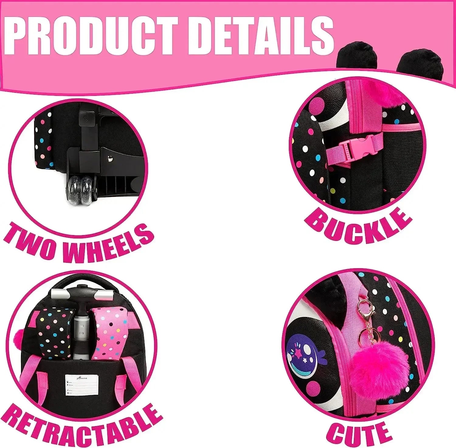 3PCS Cute Rolling Backpack for Girls Backpacks with Wheels for Elementary Students Kids 3 in 1 Travel Luggage Carry on Suitcase