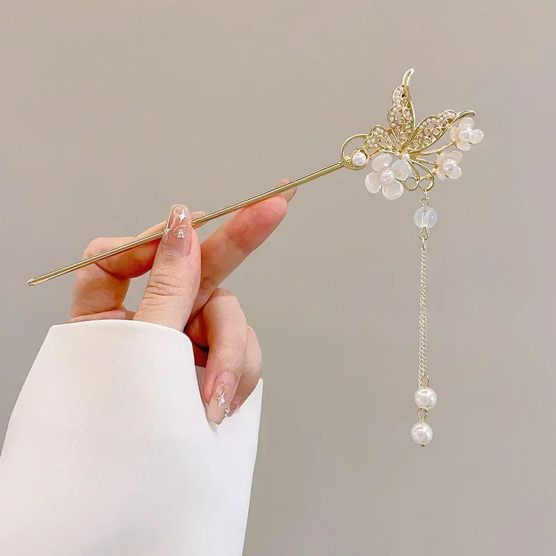 Retro Antique Tassel Phoenix Student Pearl Rhinestone Butterfly Hair Stick Jewelry Wedding Hair Accessories Charm Metal Hairpins