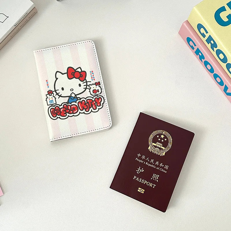 Sanrio Hello Kitty Travel Passport Cover Women Girls Passport Credit Card Holder PU Cartoon Organizer Case Passport Wallet Gift