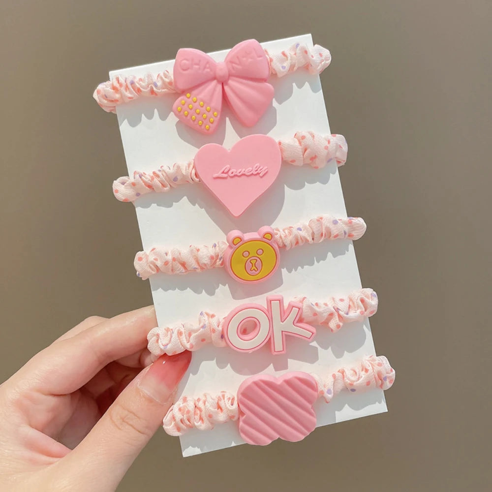 5pcs/Set Cartoon Bear Bowkont Heart Charms Scrunchies Candy Color Satin Hair Ties Ponytail Holder Hair Ropes Kid Girls Headwear