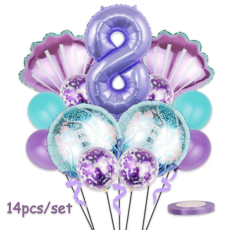 Mermaid Birthday Balloons Set 32inch Purple Number Shell Foil Ballon Girls Happy Little Mermaid 1st 2nd 3rd 4th Birthday Balloon