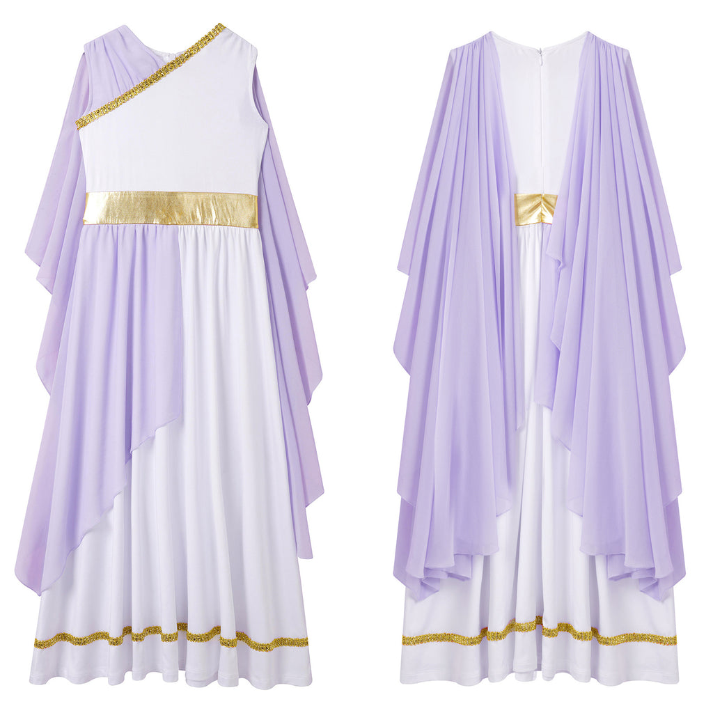 Kids Girls Ancient Greek Princess Toga Goddesses Costume Party Grecian Sleeveless Gown Dress Shawls Patchwork Flowy Tulle Dress