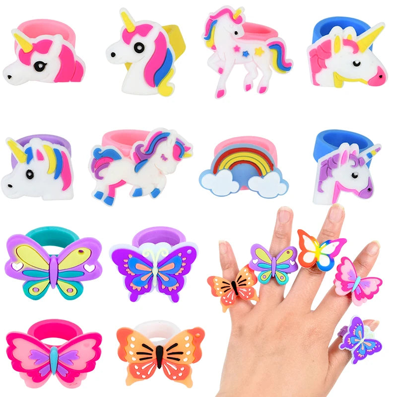 6/10pcs Cartoon Unicorn Butterfly Ring Girls Jewelry Silicone Ring Toys For Kids Unicorn Birthday Party Decor Gifts Filler Prize