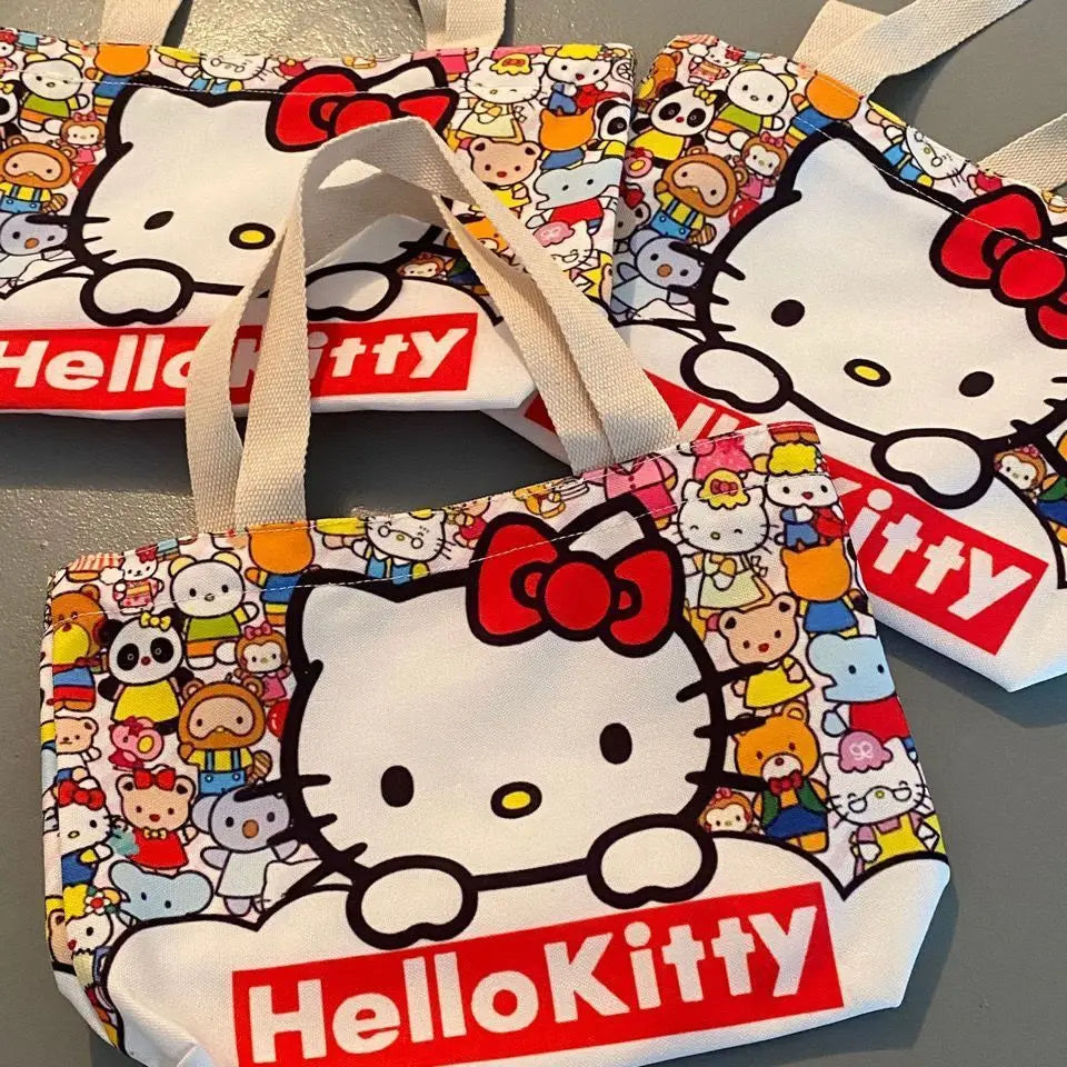 Ins New Sanrioed Hello Kittyed Tote HandbagCanvas Bag Kawaii Kitty Shoulder Bags HighCapacity Lunch Box Bag Tote Gift Toy