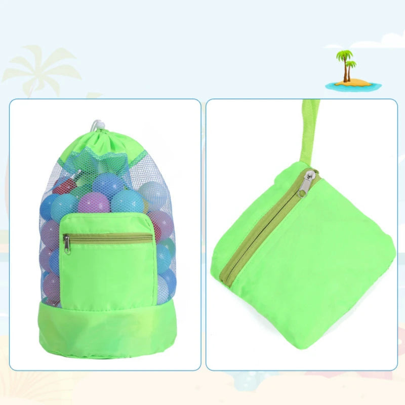 Foldable Beach Toy Bag Beach Storage Pouch Tote Mesh Bag Travel Toy Organizer Sundries Net Drawstring Storage Backpack