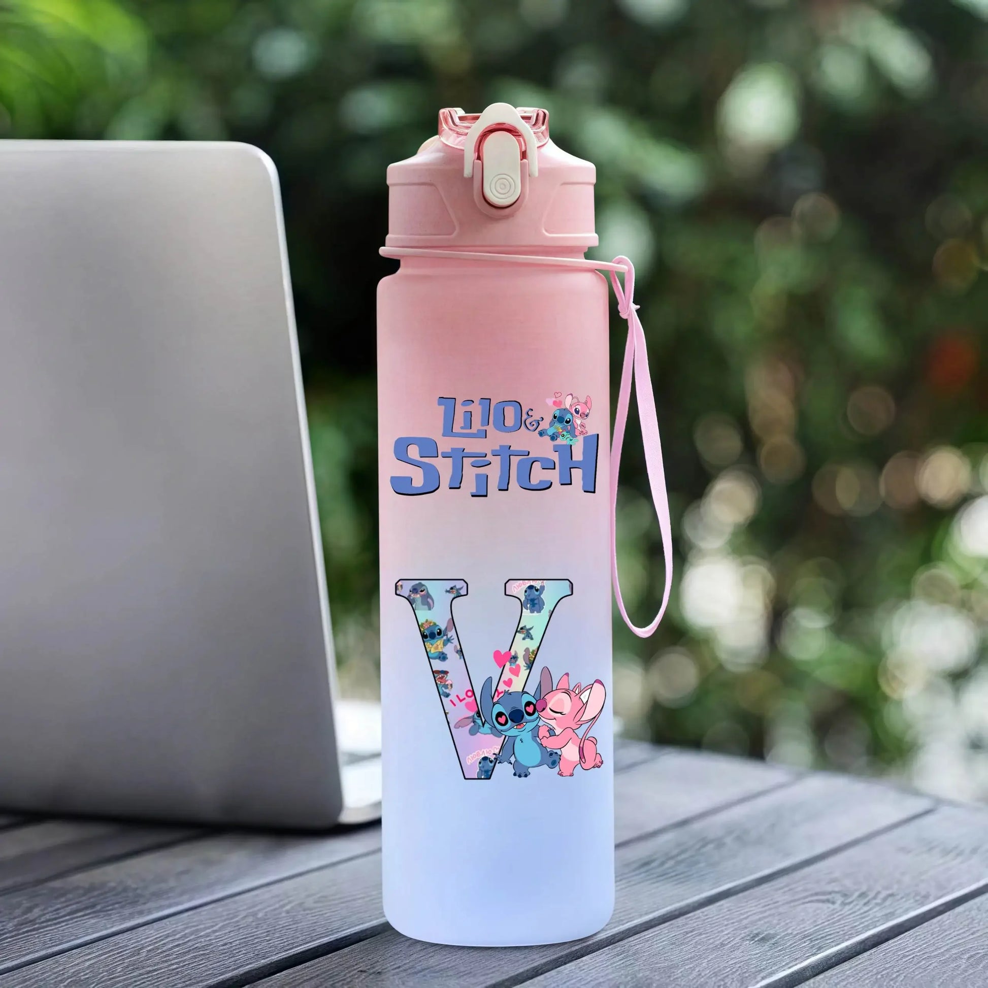 750ML Water Bottle Lilo Stitch Cartoon Letter A-Z Printed Large Capacity Drinking Cup Portable Outdoor Sport Water Cup Kid Gift