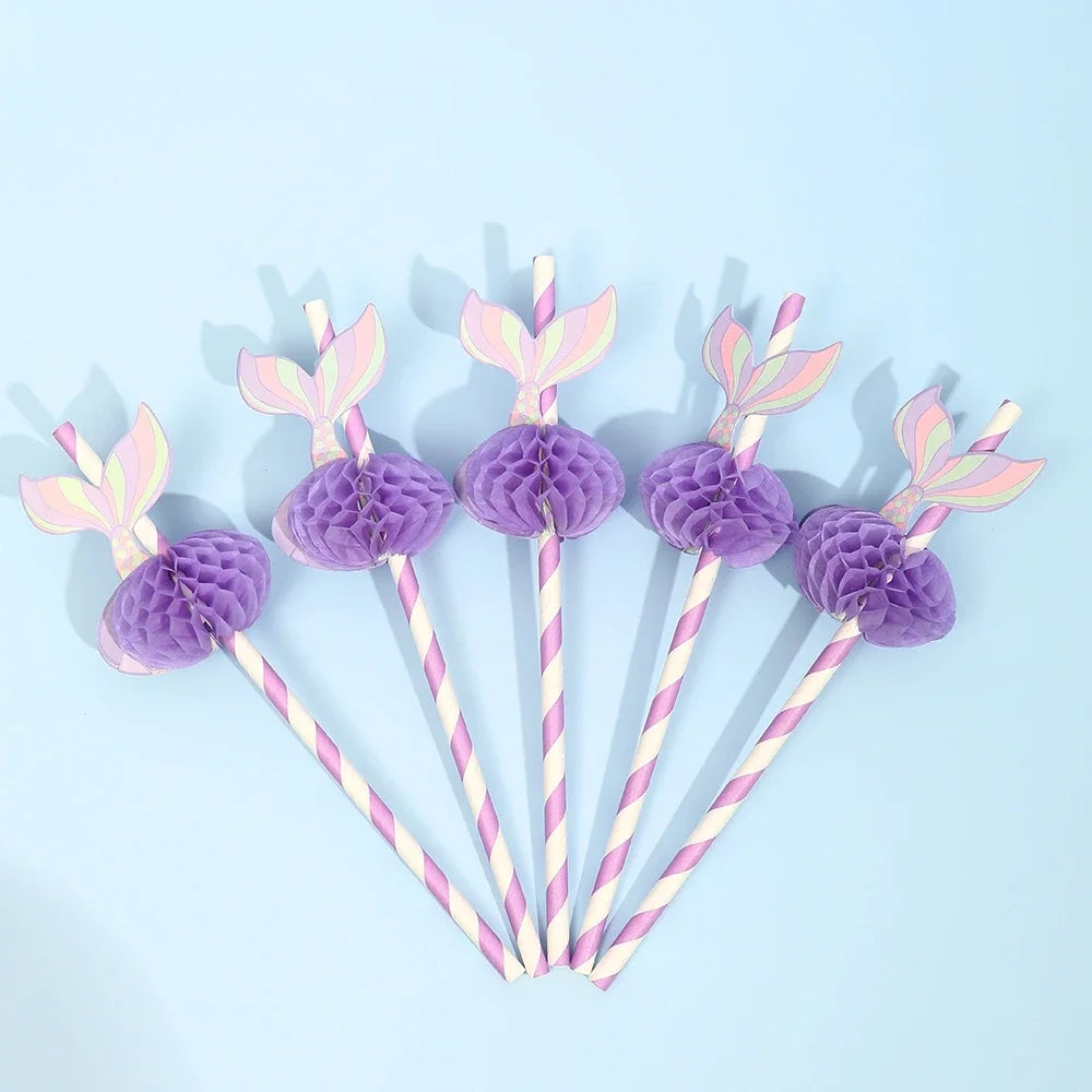 10pcs Purple Mermaid Paper Honeycomb Ball Straw Girls Mermaid Birthday Baby Shower Party Under The Sea Party Supplies Kids Favor