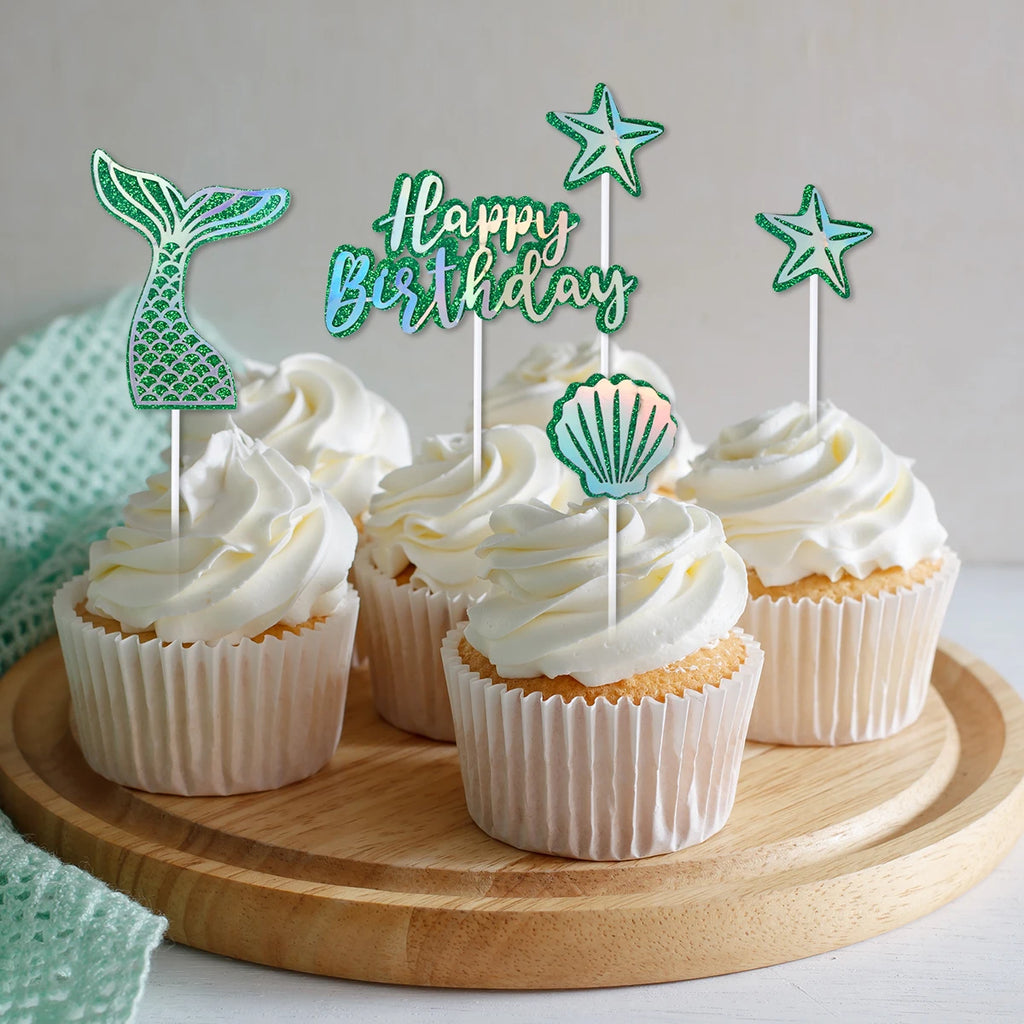 Mermaid Party Cake Decor Glitter Shell Starfish Mermaid Tail Cake Topper Under the Sea Girls 1st 2th Birthday Cupcake Topper