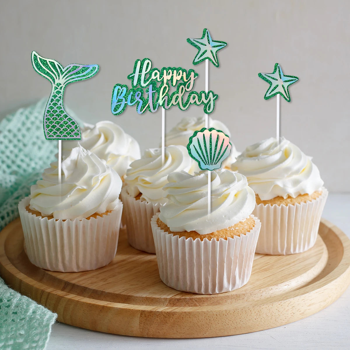 Mermaid Party Cake Decor Glitter Shell Starfish Mermaid Tail Cake Topper Under the Sea Girls 1st 2th Birthday Cupcake Topper