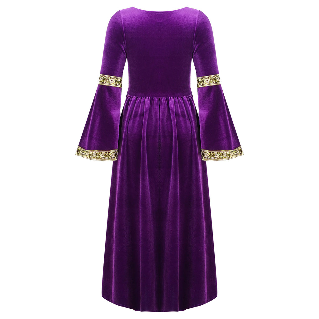 Kids Girls Medieval Renaissance Princess Costume Velvet Long Flare Sleeve Vintage Dress Gown Carnival Party Cosplay Dress Up