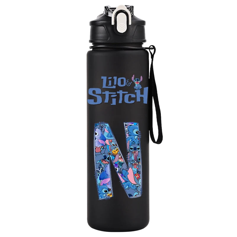 750ml Water Bottle Letter A-Z Printed Lilo Stitch Black Large Capacity Drinking Cup Portable Outdoor Sport Water Cup Kid Gifts