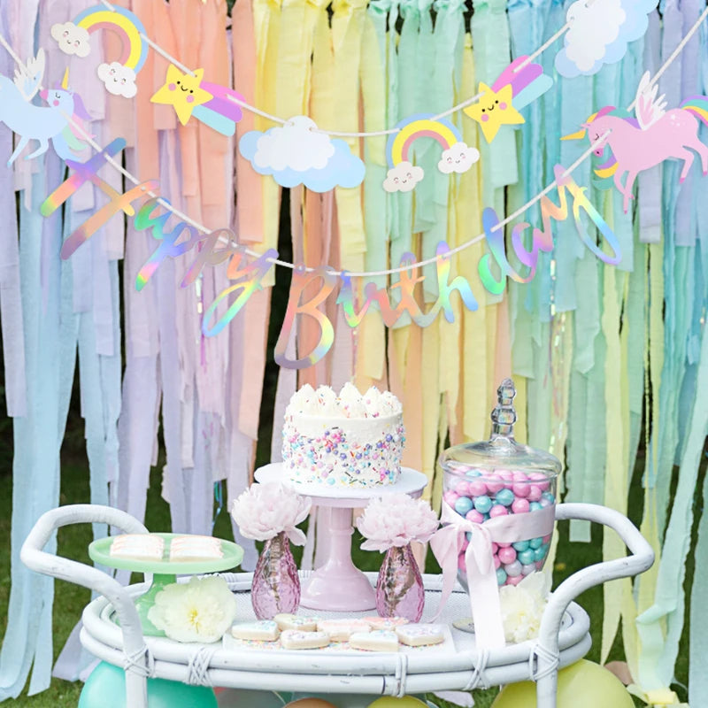3M Girls Unicorn Birthday Banner Bunting Cute Cloud Star Happy Birthday Banner Paper Garland For Baby Shower Party Hanging Decor