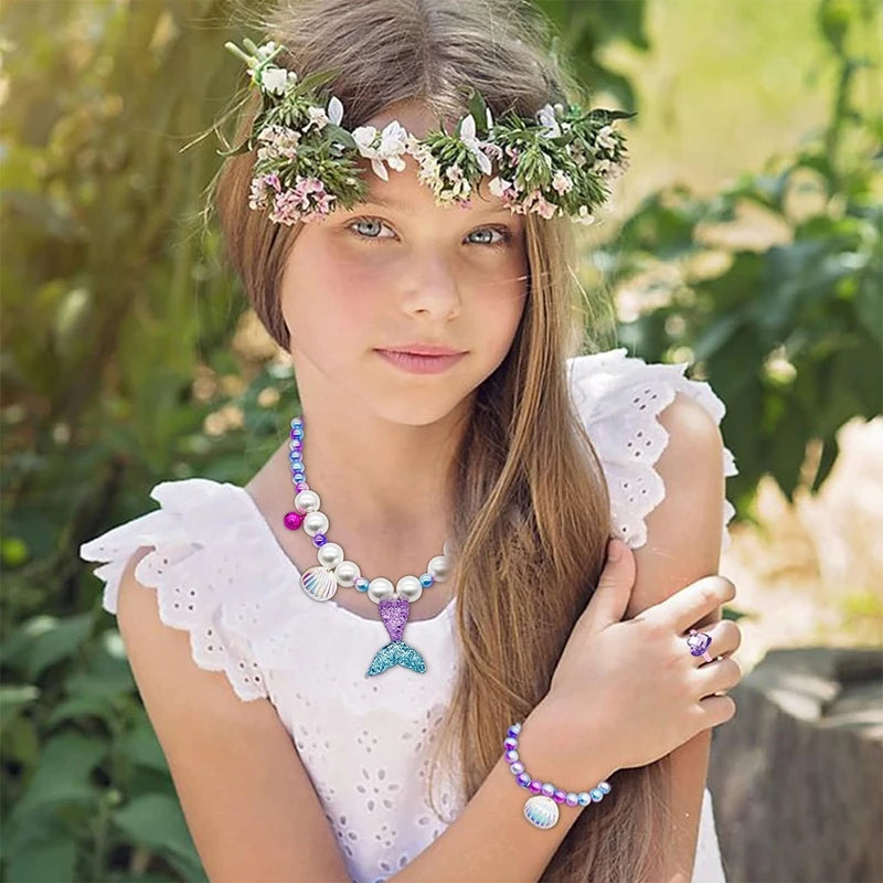 5Pcs/set Girl Princess Mermaid Shell Charm Necklace Bracelet Jewelry Set for Daughter Niece Children Favor Birthday Party Favor