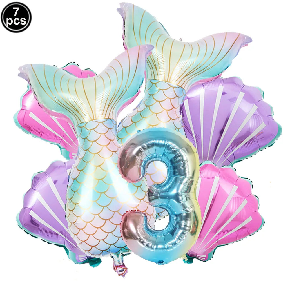 Mermaid Birthday Decorations 7 Pcs Mermaid Foil Balloon Mermaid Tail Balloon Mermaid Decor for 1st-9th Birthday Party Baby Showe