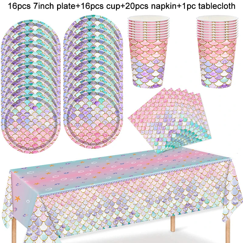 Mermaid Disposable Tableware Set Little Mermaid Paper Plates Cup Tablecloth Kids Girl Mermaid Birthday Party Decoration Supplies