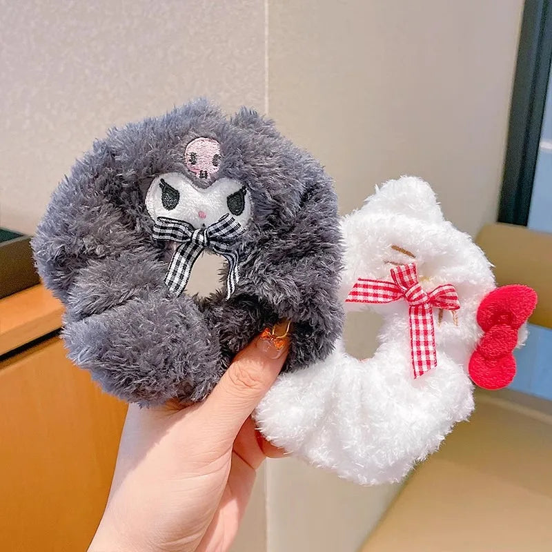 4Pcs Sanrio Hello Kitty Plush Elastic Hair Rope Cute Anime Cartoon Girls Hair Accessories Hair Band Charm Ponytail Holder Gifts