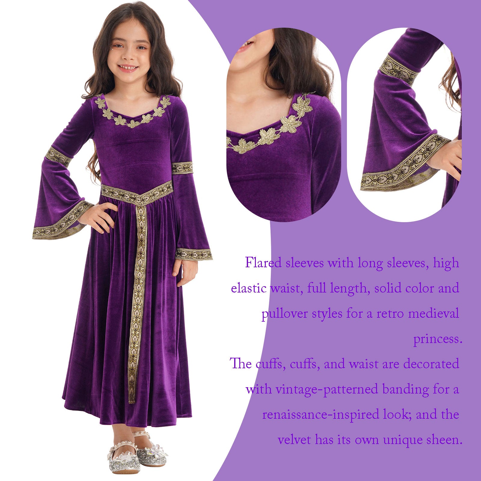 Girls Medieval Renaissance Velvet Dress Princess Queen Cosplay Costume Christmas Xmas Halloween New Year Carnival Party Dress