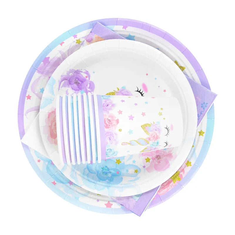 48Pcs/Set Unicorn Theme Birthday Disposable Tableware Set Paper Plates Napkins Cups Birthday Party Decoration Kids Favors Gift