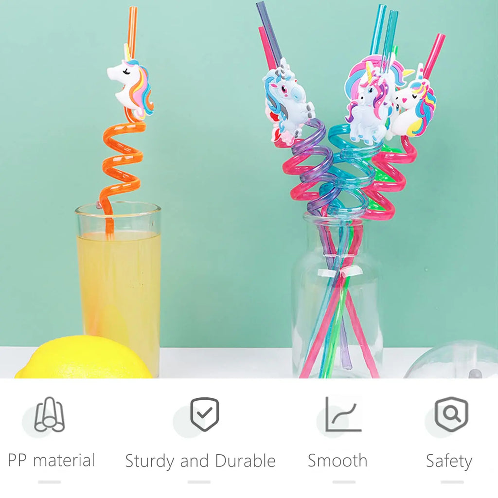 4pcs Multi themed Cute Party Straws,Unicorn Mermaid Dinosaur Party Straw,Reusable Plastic Straws for Kids Birthday Decor Gifts