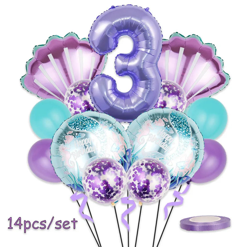 Mermaid Birthday Balloons Set 32inch Purple Number Shell Foil Ballon Girls Happy Little Mermaid 1st 2nd 3rd 4th Birthday Balloon