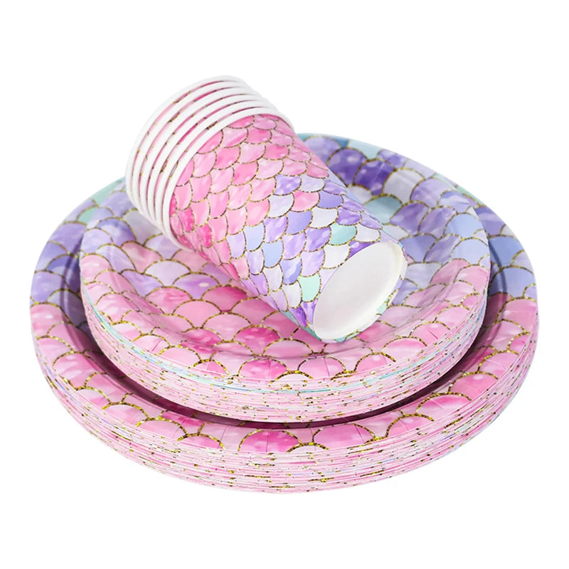 Mermaid Disposable Tableware Set Little Mermaid Paper Plates Cup Tablecloth Kids Girl Mermaid Birthday Party Decoration Supplies
