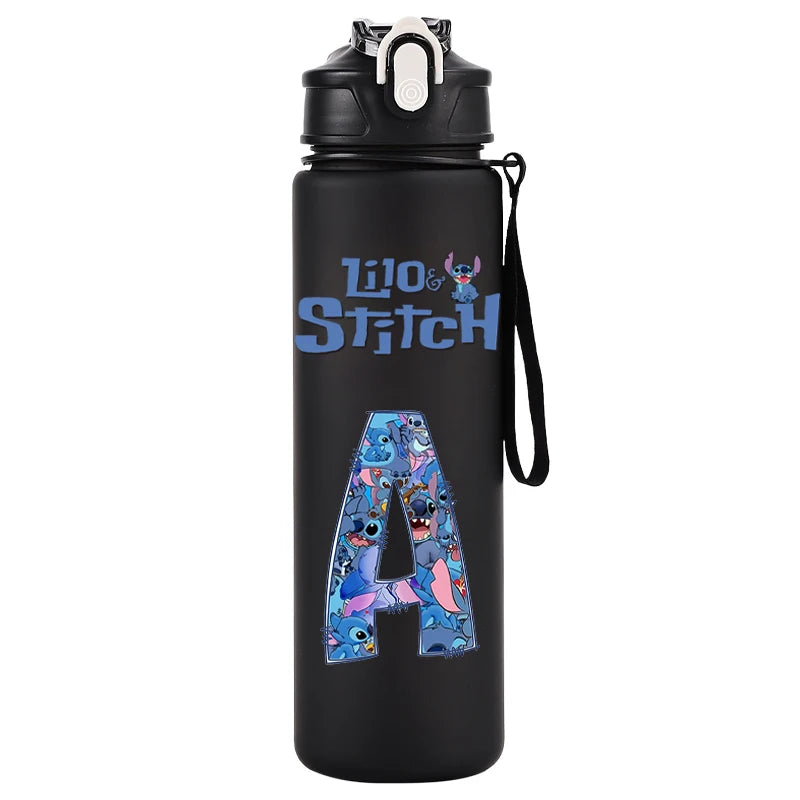 750ml Water Bottle Letter A-Z Printed Lilo Stitch Black Large Capacity Drinking Cup Portable Outdoor Sport Water Cup Kid Gifts