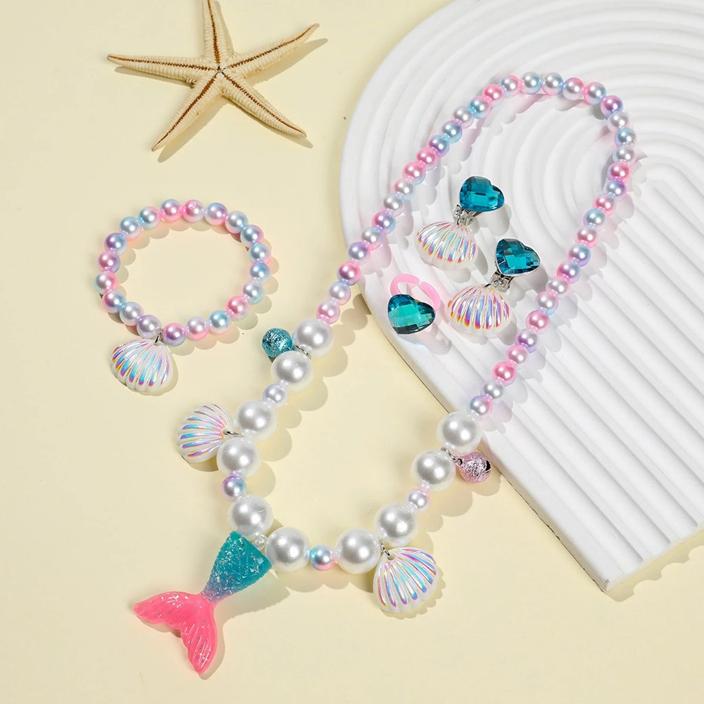 5Pcs/set Girl Princess Mermaid Shell Charm Necklace Bracelet Jewelry Set for Daughter Niece Children Favor Birthday Party Favor