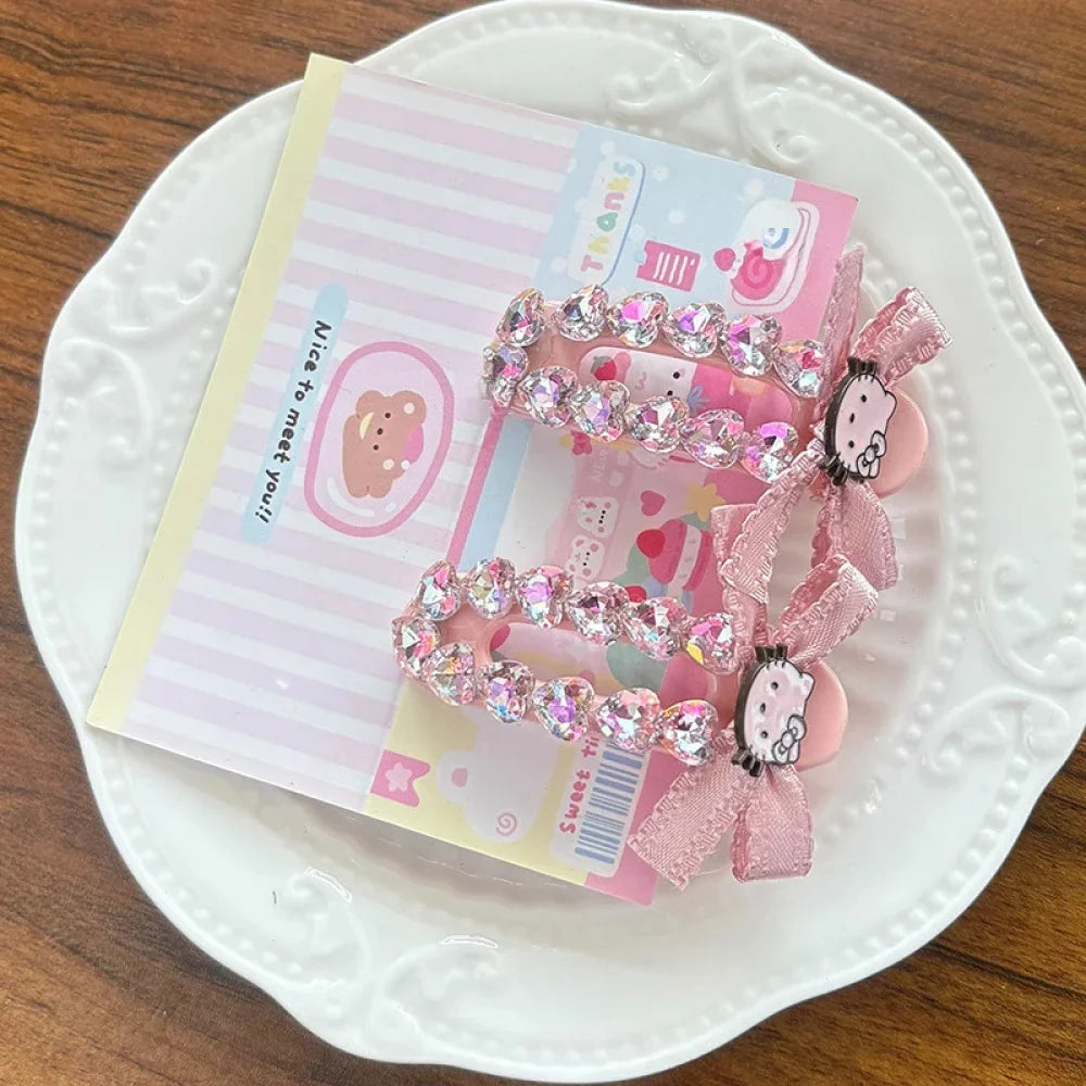 Sanrio Hello Kitty Hairpin Cute Cartoon KT Cat Rhinestone Inlay Hair Clip Charm Girls Hair Accessories Holiday Gifts