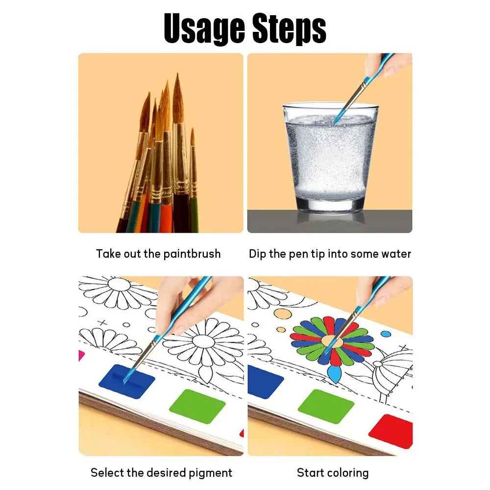 New 12 Pages Watercolor Coloring Book DIY Handcrafted Coloring Painting Book Portable With Painting Brush Mini Paint Pad Gift