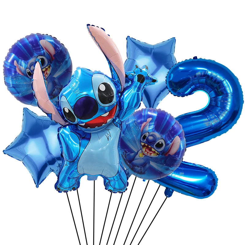 6 Pcs Blue Stitch Foil Balloons Set Digit 1-9 Years Old Balloons Cartoon Stitch Themed Baby Shower Kids Birhday Party Decoraions