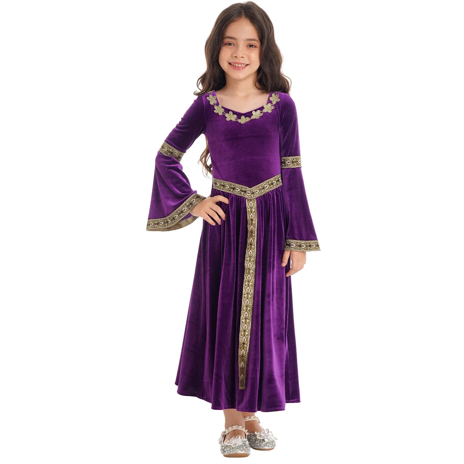 Girls Medieval Renaissance Velvet Dress Princess Queen Cosplay Costume Christmas Xmas Halloween New Year Carnival Party Dress