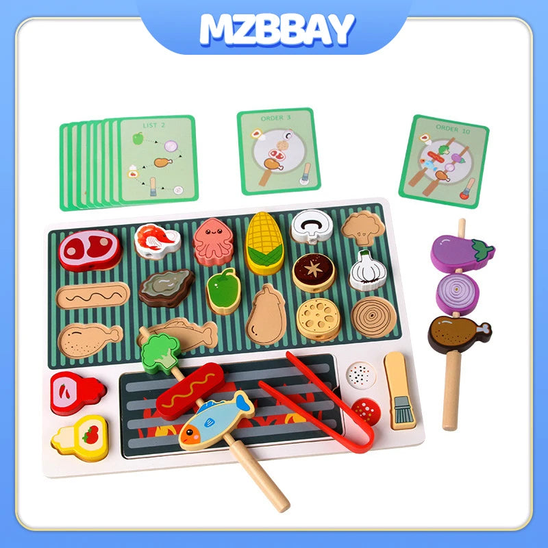 Children Wooden Barbecue Toys Kids Wooden Simulation Food Barbecue Cooking Kitchen Toys Parent-Child Interaction Play House Toys